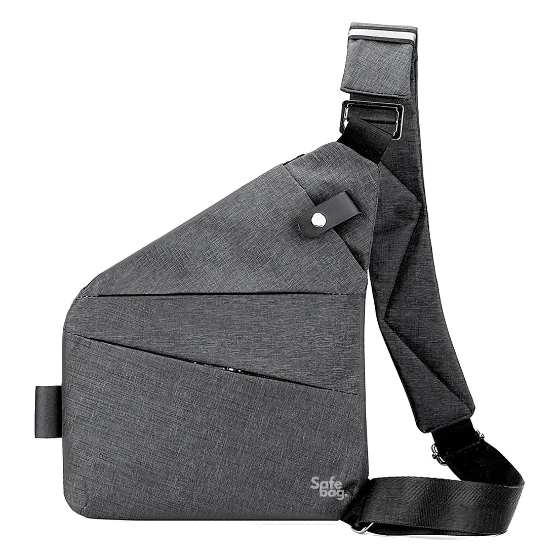 Grey SafeBag crossbody bag with front pockets and an adjustable strap